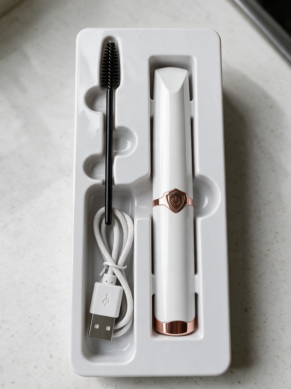 Lily Lash heated eyelash curler, mascara wand and USB cable in the box tray