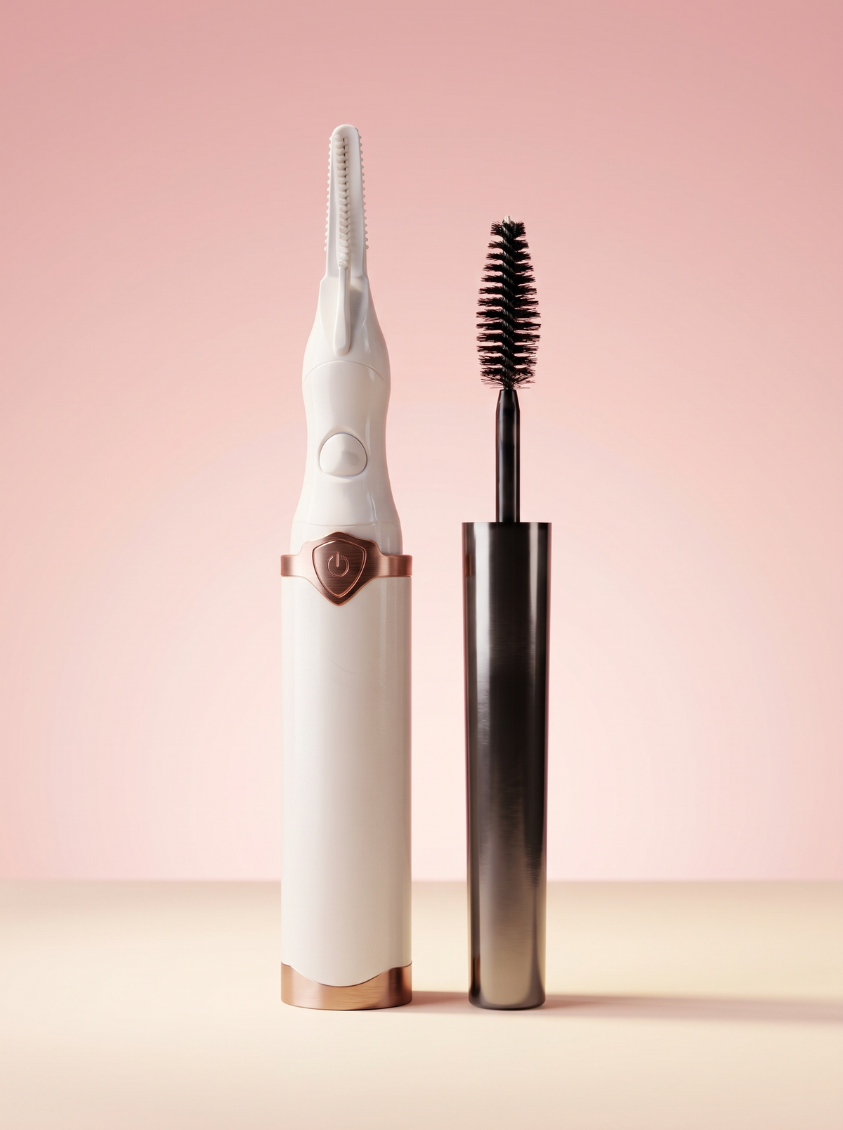 Lily Lash heated eyelash curler and Magic Mascara on a blush studio backdrop