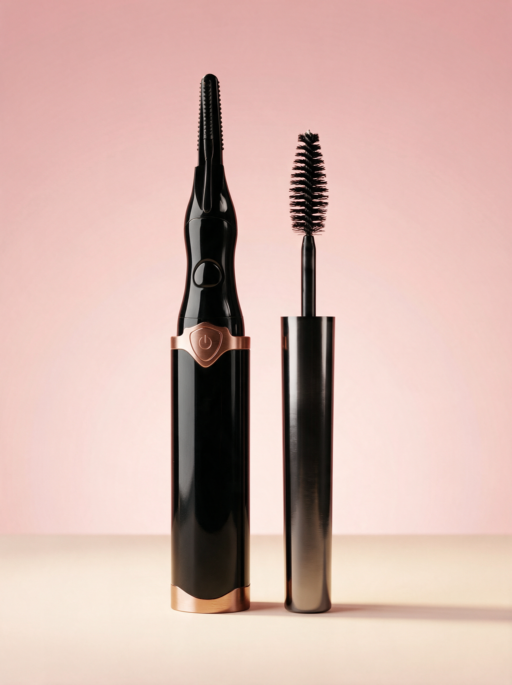 Lily Lash heated eyelash curler in black with Magic Mascara on a blush studio backdrop